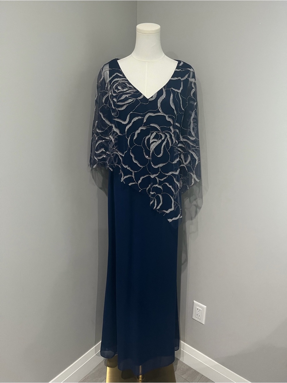 Elegant Navy V-Neck Dress with Sheer Floral Capelet